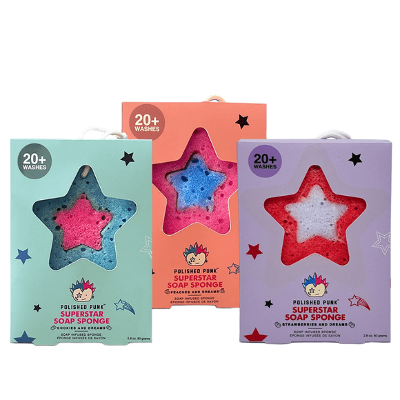 Polished Punk- Soap Infused Bath Sponge for Kids and Tweens (Strawberry, Peaches, Cookies & Dream)