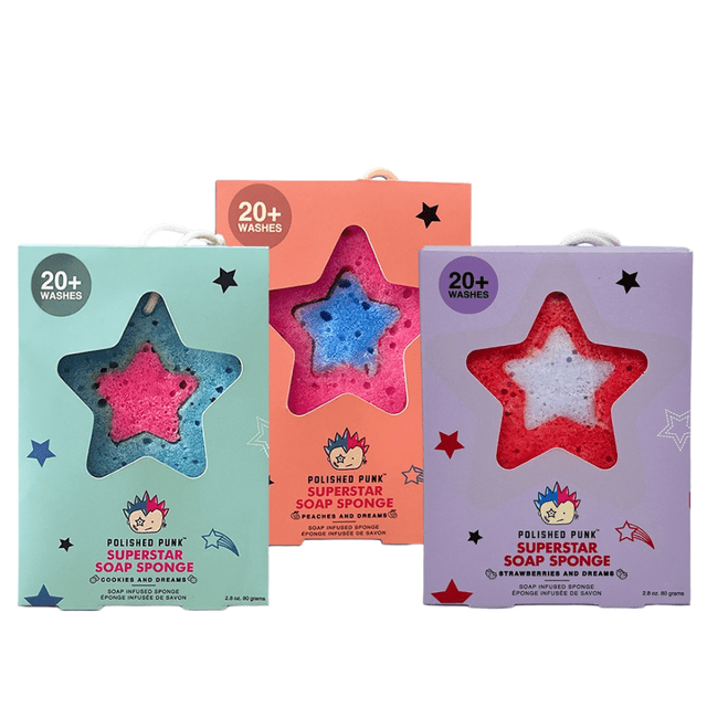Polished Punk - Éponge de Bain Infusée de Savon pour Enfants et Préados (Fraise, Pêches, Biscuits et Rêve)