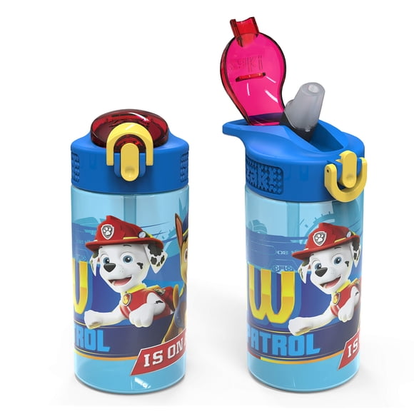 Zak Designs Kids Durable Plastic Spout Cover and Built-in Carrying Loop, Leak-Proof Water Design for Travel, (16oz, 2pc Set), Paw Patrol Marshall Bottle 2pk