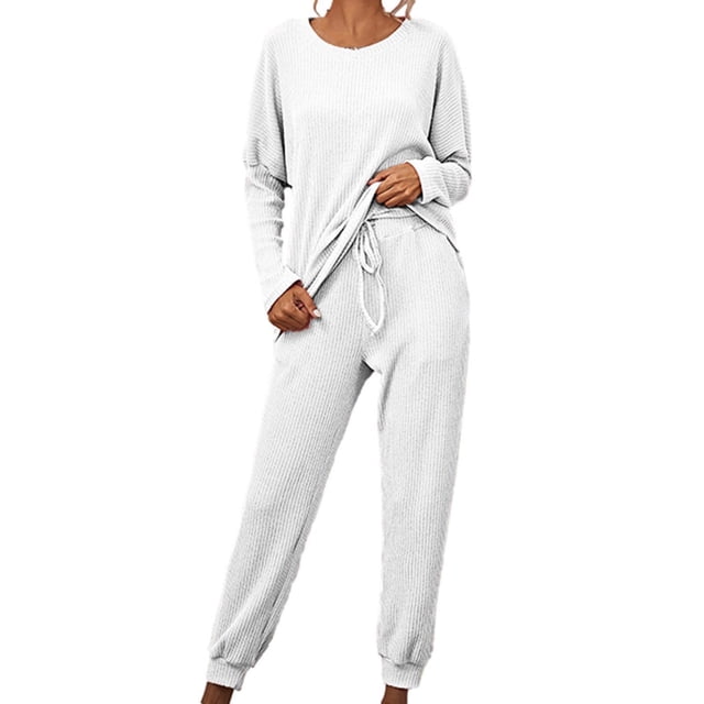 Mrat Knit Two Piece Outfits for Women Long Sleeve Ribbed Tops Drawstring Pants with Pockets Sweatsuit Set S-2 White L