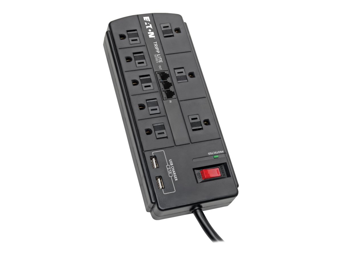 Eaton Tripp Lite Series 8-Outlet Surge Protector Power Strip with 2 USB Ports (2.1A Shared) - 8 ft. Cord, 1200 Joules, Tel/Modem, Black - Surge protector - 15 A - AC 120 V - 1875 Watt - output connectors: 10 - 8 ft cord - black