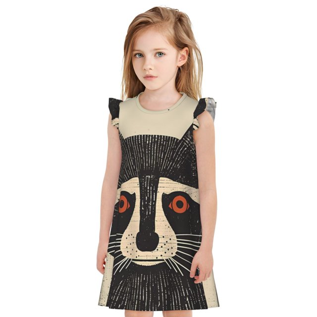 Xecao Robe de Nuit Pyjama Rétro à Imprimé Graphique de Raton Laveur pour Filles avec Manches Volantées, Vêtement de Nuit Doux pour Enfants, Chemise de Nuit Légère pour la Maison Ou les Vacances-Petit