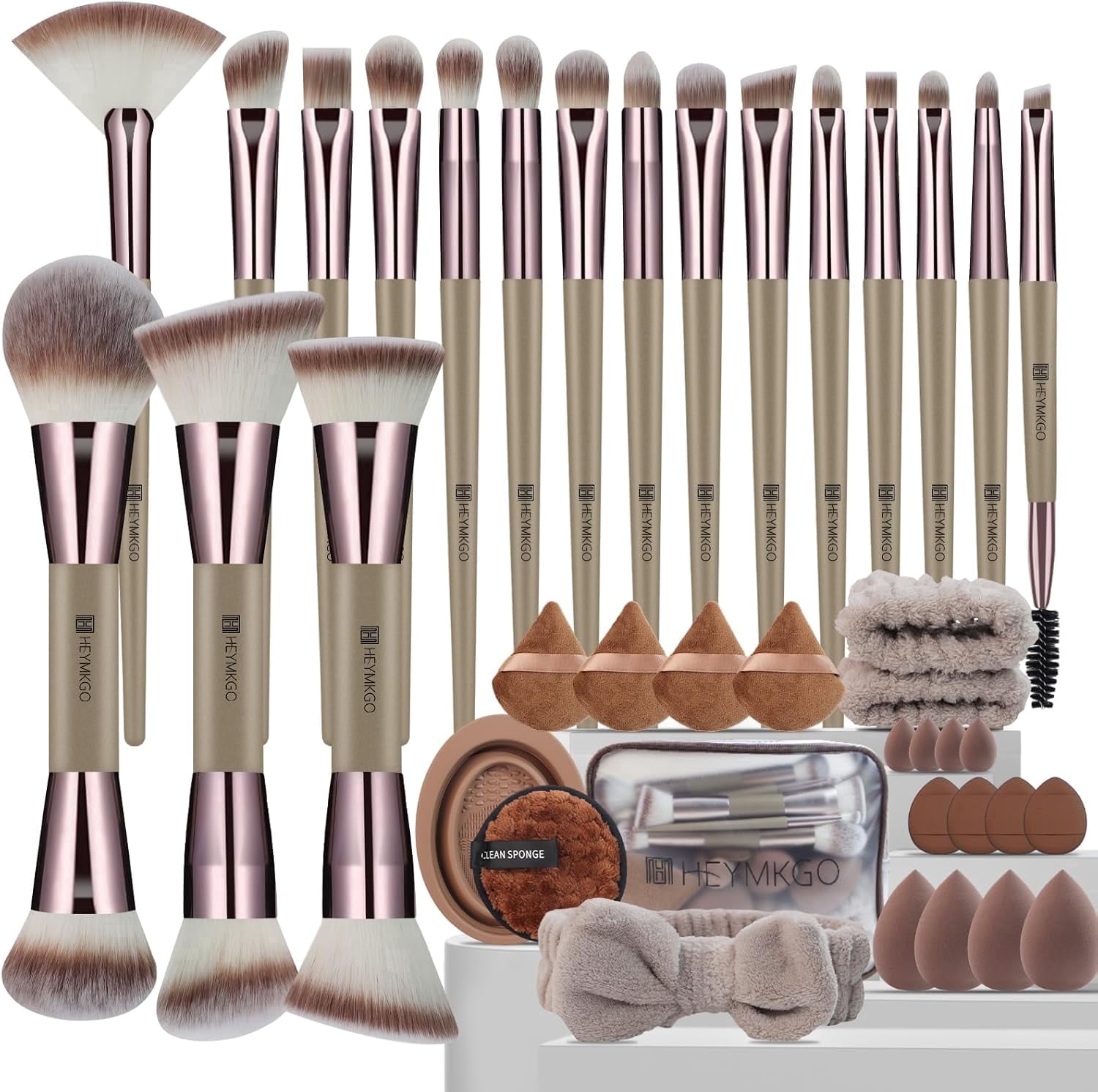 40-Pcs Champagne Gold Makeup Brush Set - Dual Ended Professional Brushes for Foundation, Blush, Contour & Eyeshadow with Sponges, Puffs & Clear Bag