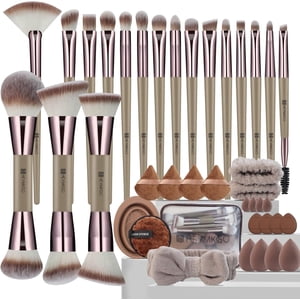 40-Pcs Ensemble de brosses de maquillage en or de Champagne - Brosses professionnelles à double extrémité pour la Fondation, Blush, Contour & Fardeau avec éponges, Puffs & Effacer le sac