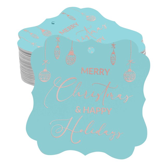 Inkdotpot Merry Christmas & Happy Text Bottle Tag Real Rose Gold Foil Favor Bracket Shape Hang Tags Pack Of 100