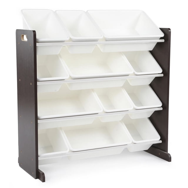 Humble Crew Tot Tutors Toy Storage Organizer with 12 white BPA-free plastic bins, 8 standard and 4 large, housed in an espresso engineered wood frame with steel rods. The four-tiered unit measures 34"W x 11"D x 31"H and is designed for easy toy storage and organization in children's rooms, also suitable for sorting activities to support cognitive development.