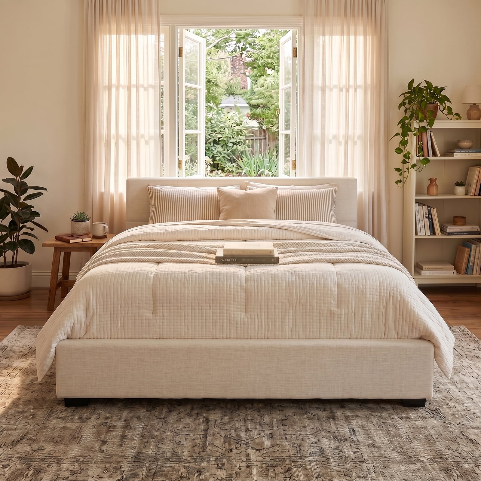 Healthy Design Frame Beige King Upholstered Platform Bed Frame with Wide Edge Design ...