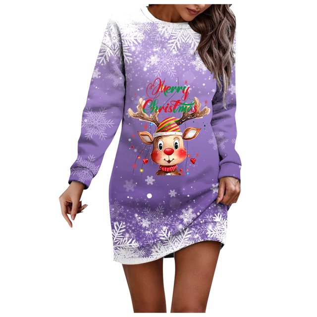 Wyzesi Robes d'Automne pour Femmes Invitées de Mariage Mi-Robe Chandail de Noël Imprimée pour Femmes Col Rond Manches Longues Ample Sans Capuche Robe Décontractée Robes Longues pour Femmes Formelles