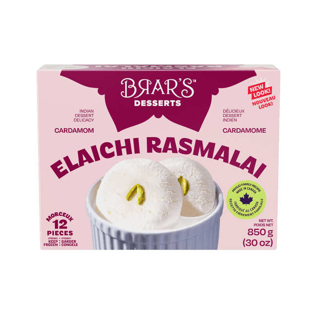 BRAR'S CARDAMOM RASMALAI Indian dessert delicacy with 12 pieces of sweet cardamom-flavored milk sweets garnished with pistachios, packaged in a pink box with bilingual text and a Canadian maple leaf symbol indicating it is made in Canada.
