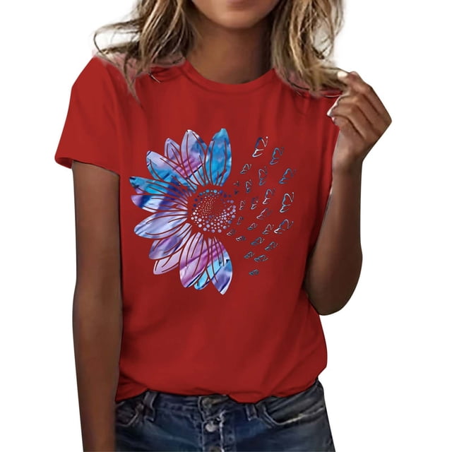 WEIYLL T-Shirts pour Femmes Imprimé Lettre Manches Courtes Col Rond Rouges Tailles m