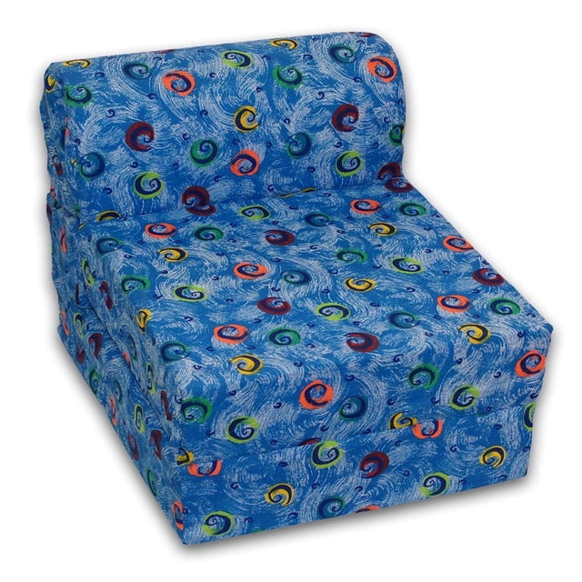 ComfyKids® Chaise 2-en-1 à Bascule Bleue avec Motifs Tourbillonnants Multicolores, Présentée sous Forme de Chaise avec Dossier et Siège Rembourrés, Idéale pour les Sièges de Salon Ou les Chambres d'Enfants, Se Retourne Facilement en Lit pour des Siestes Ou des Soirées Pyjama.