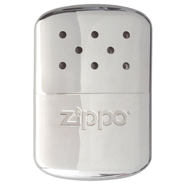 Zippo 12 Hour Hand Warmer - 40323 in chrome with eight ventilation holes and embossed Zippo logo, designed for emergency preparedness gear, providing up to 12 hours of heat when filled with Zippo premium lighter fluid.