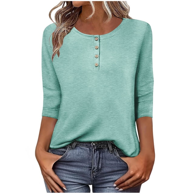 Lenpel Hauts pour Femmes à Manches 3/4 Printemps Été Col Ras du Cou Quart de Bouton T-Shirts Décontractés Tunique Tee Blouses