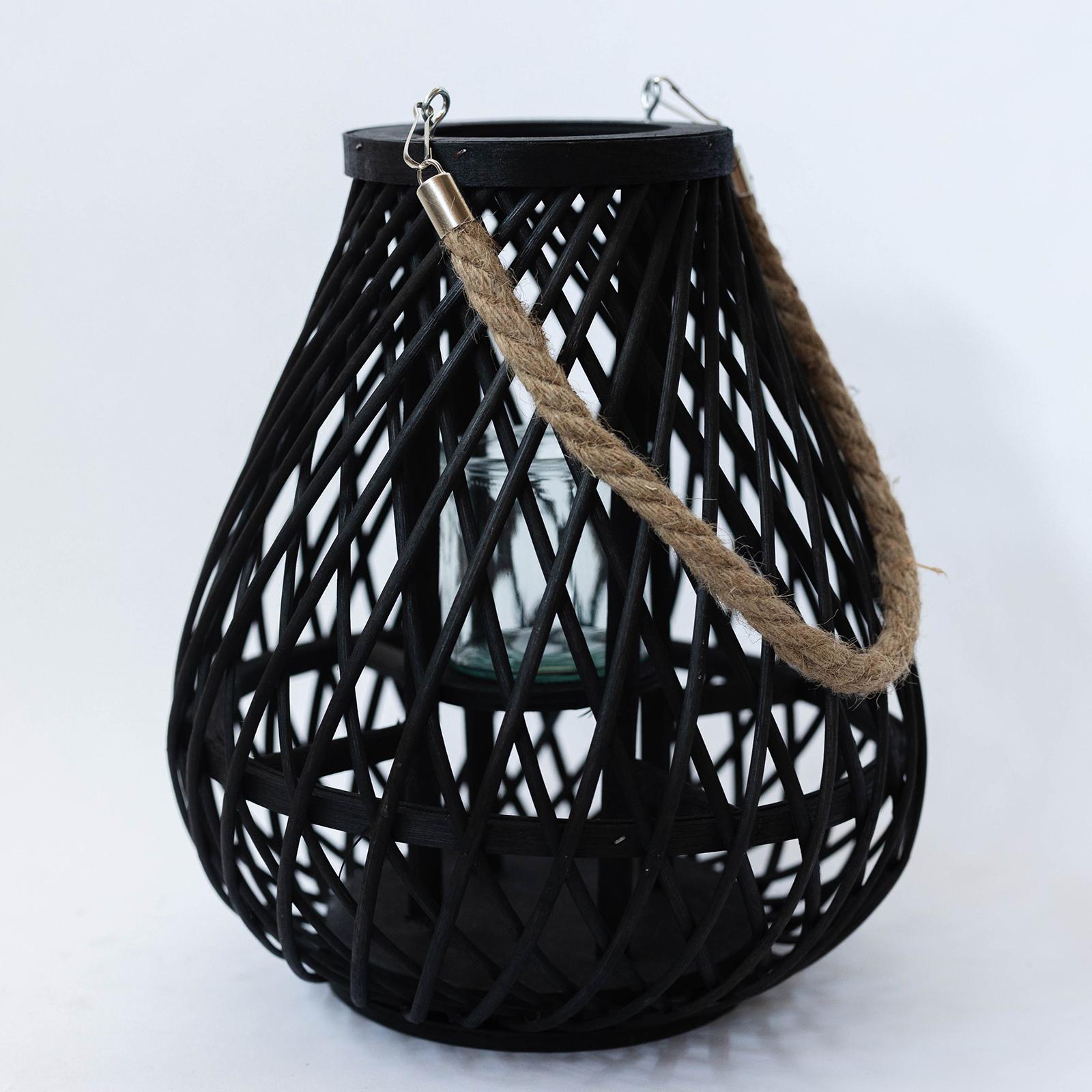 Set of 6 Black Woven Frame With Jute Rope Handle And Glass Candle Holder Pear Shaped Lantern