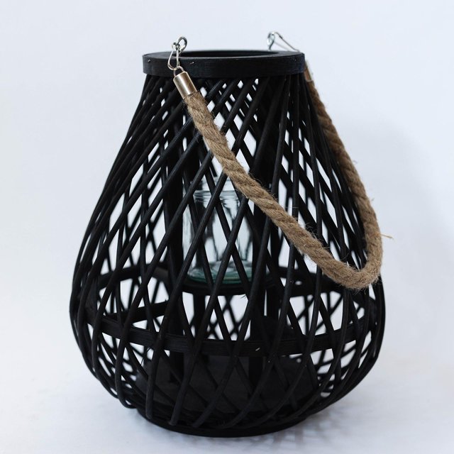 Set of 4 Black Woven Frame With Jute Rope Handle And Glass Candle Holder Pear Shaped Lantern