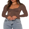 thumbnail image 1 of Bodycon Sexy Ajusté Col Carré Manches Longues T-Shirt Basique Crop Top Brun XL, 1 of 5