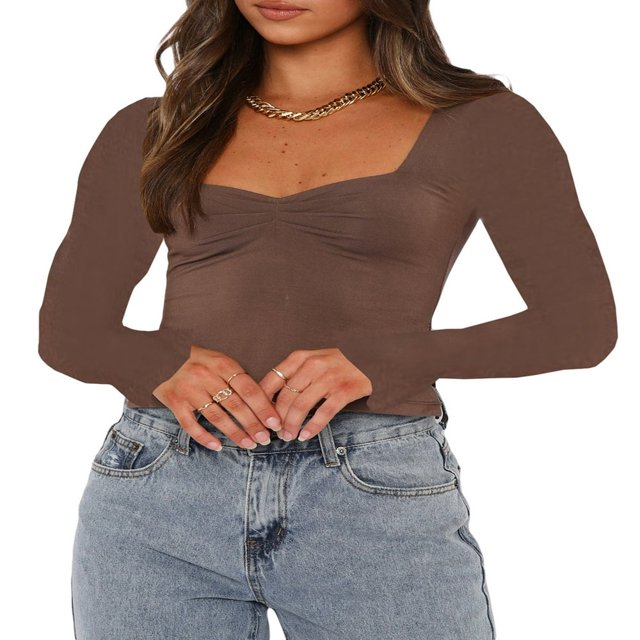 Bodycon Sexy Ajusté Col Carré Manches Longues T-Shirt Basique Crop Top Brun XL