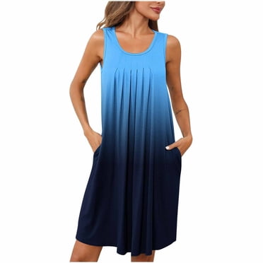 Nightgown Long in Clearance Women Gradient Print Nightgowns with Pockets Sleep Shirts Sleeveless Sleepwear Pleated Front Nightshirt New Blue XL
