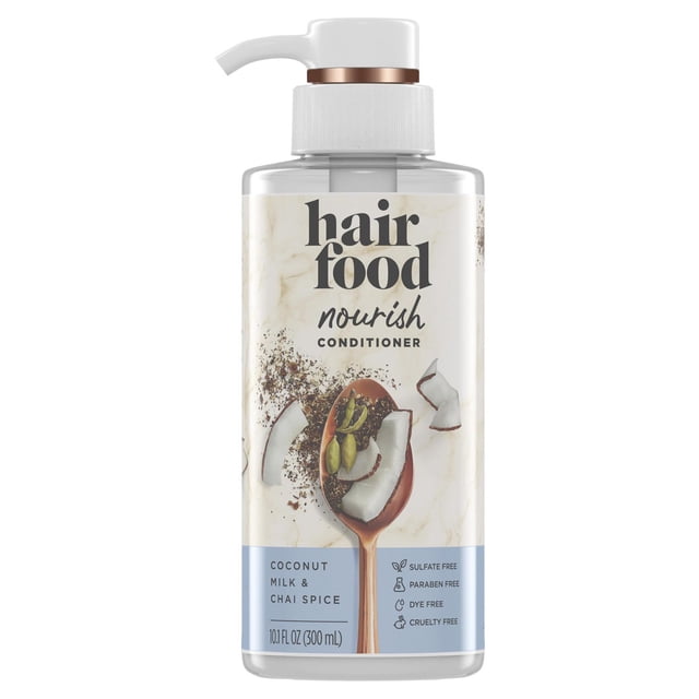 Hair Food Coconut & Chai Spice Sulfate Free Conditioner in a clear pump bottle with white and copper accents, featuring a label with coconut pieces and chai spice on a wooden spoon, highlighting its nourishing, sulfate free, paraben free, dye free, and cruelty free formula, 300 ml size, ideal for color-treated hair.