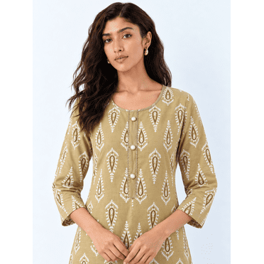 DWEEP SARA Women’s Beige Printed Rayon Straight Kurta | Soft Cotton Feel | Casual & Office Wear | M
