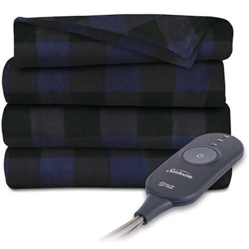 Sunbeam Heated Throw Fleece, Buffalo Navy Plaid