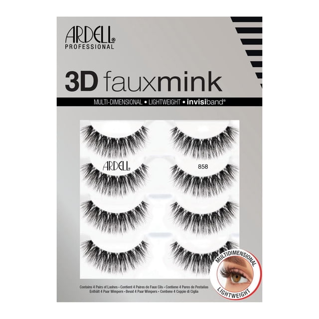 Ardell 3D Faux Mink 858 4 pairs of black, multi-dimensional, lightweight false eyelashes with knot-free invisiband, featuring layered faux mink fibers in a crisscross design for a natural, fluttery effect suitable for all eye shapes.