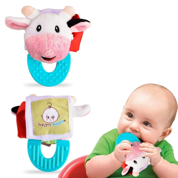 Wristy Buddy - Cow Teething Toys for Babies 3mo-2.5 yrs Easy to hold, Soft, Natural Organic Freezer Safe Teethers for Infants and Toddlers Soothe Babies, Relief Sore Gums, Silicone BPA Free Chew Toys