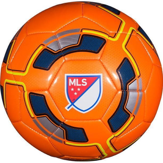 MLS Circle Soccer Ball in bright orange with the official MLS shield at the center, featuring a two-tone 32 panel precision stitched design with blue, yellow, and gray accents, engineered for enhanced control, aerodynamics, and shot accuracy in soccer.