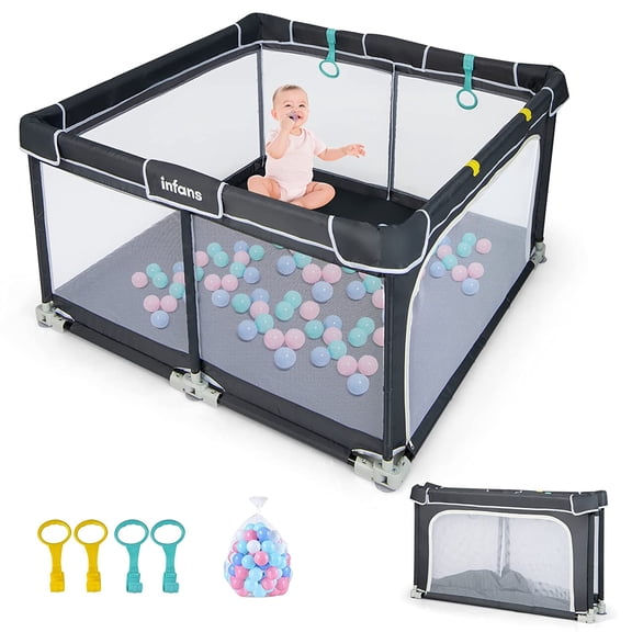 OLAKIDS Baby Playpen, 50’’x50’’ Foldable Large Baby Playard for Toddlers with Gate, Soft Visible Mesh, Indoor Outdoor Kids Activity Center Baby Fence with 4 Handlers 50 Ocean Balls (Black)