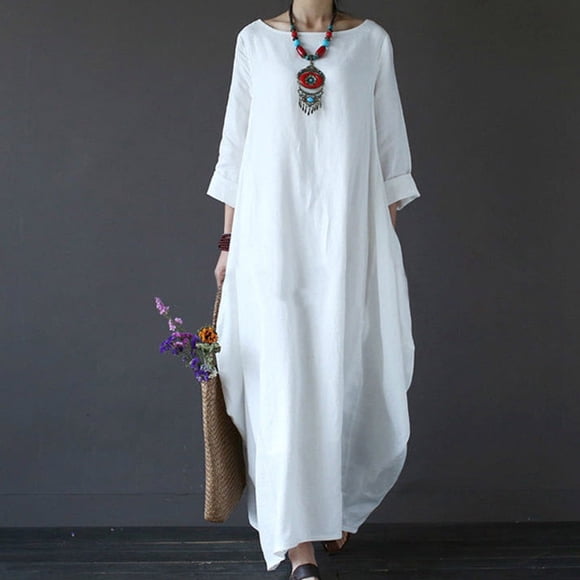 Summer Dresses for Women Clearance under $10! Cagogo Women's Casual Summer Linen Dress Loose Half Sleeve Caftan Harem Oversized Maxi Long Dress Plus Size Trendy Cotton Vacation Beach Dress
