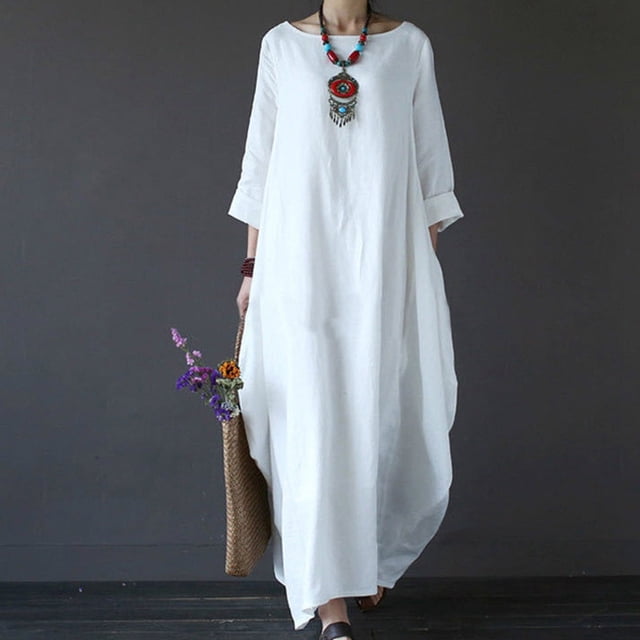 TIMIFIS Robe en Coton et Lin pour Femme Décontractée Ample Robe d'Été Longue Robe à Manches Courtes Robes Maxi Été Grande Taille Robe de Plage Été
