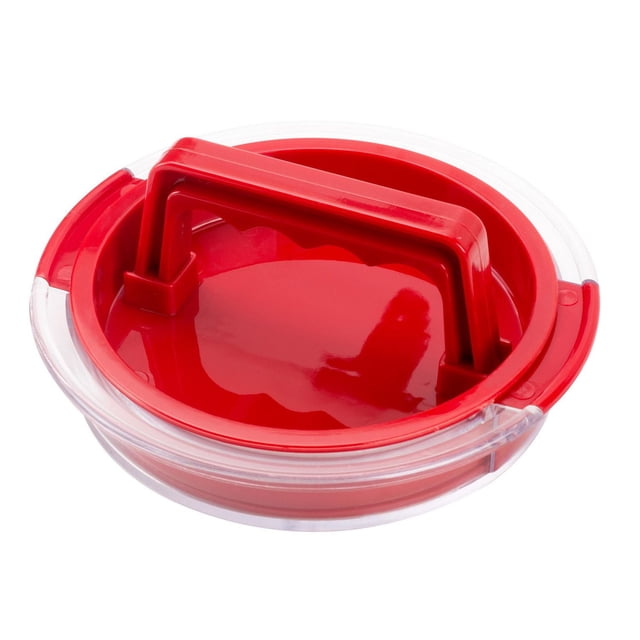 Expert Grill Burger Press with a detachable red indent press top and clear round base, made of food-grade, dishwasher-safe plastic with a non-stick surface for shaping large or stuffed hamburger patties, suitable for home kitchens and grilling.
