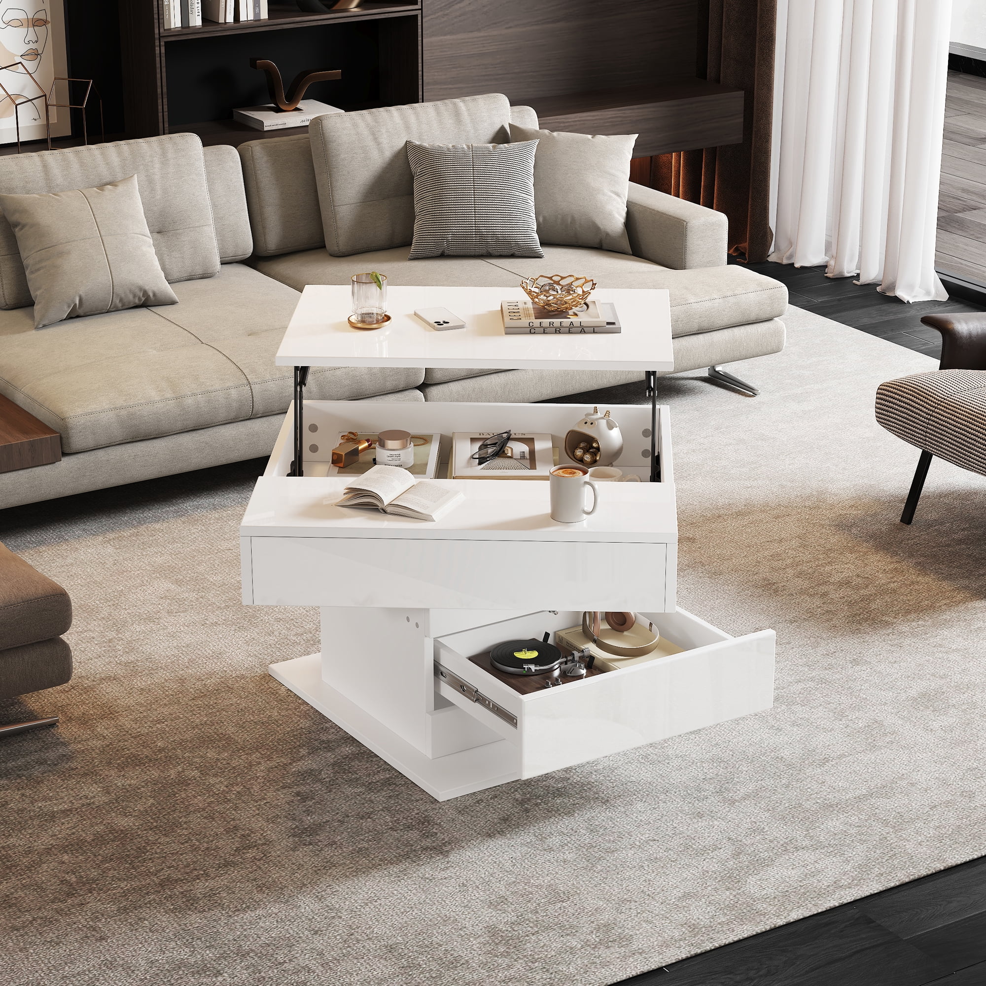 Table basse pivotante Noble House, plateau relevable brillant à 360°, blanche