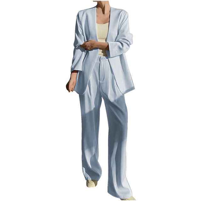 Timegard 2 Piece Suits Set for Women Button V Neck Open Front Jackets Business Office Wide Leg Pant Blazer Outfits