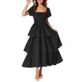 thumbnail image 1 of yoeyez Robes d'Été pour Femmes à Manches Courtes Volantées, Encolure Carrée, Robe Midi Smockée, à Étages, Plage, Vacances, Fluide, Coupe Évasée, Noir, G, 1 of 7