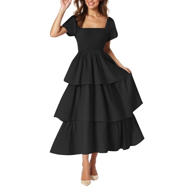 yoeyez Robes d'Été pour Femmes à Manches Courtes Volantées, Encolure Carrée, Robe Midi Smockée, à Étages, Plage, Vacances, Fluide, Coupe Évasée, Noir, G