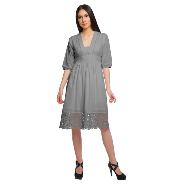Moomaya Robe Midi Unie pour Femmes, Kurta de Soirée Décontractée avec Dentelle, Tenue d'Été