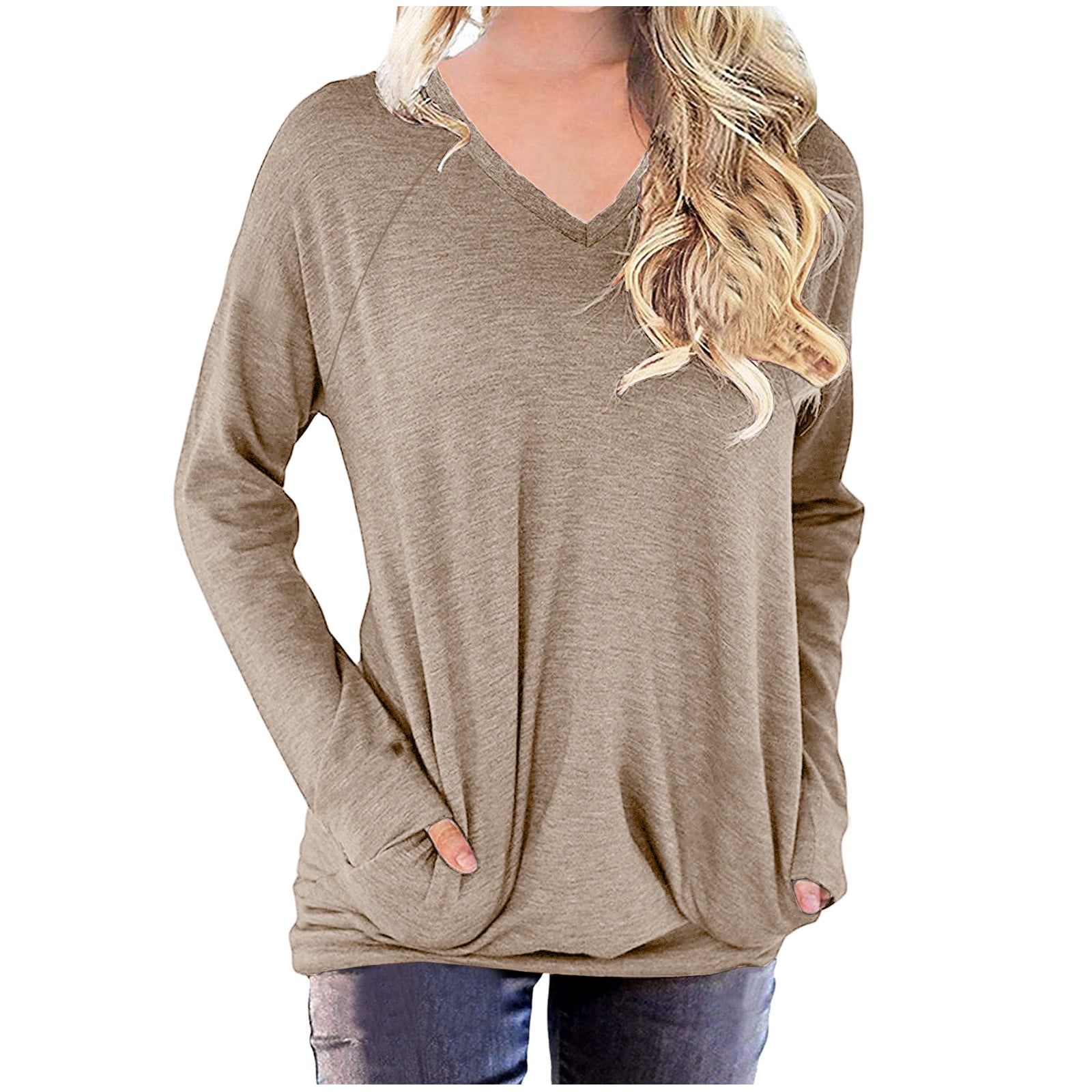 Quyuon Vintage Sweatshirts Discount Cozy Sweatshirts Women Polyester Long Sleeve V-Neck Solid Pullover Tops Style S-738 Stretch Ladies's Sweatshirt Sn
