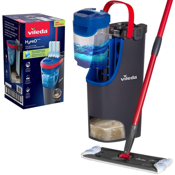 Vileda H2prO Flat Mop and Bucket Set | 100% Clean & Dirty Water Separation | Wall Mop, Baseboard Cleaning Tool | Machine Washable Reusable