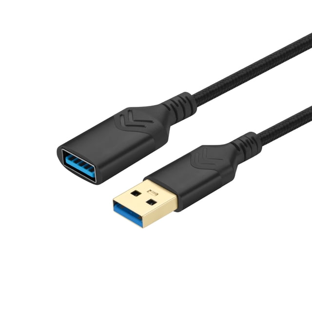 USB 3.0 Extension Cable 5FT by ROFAY, featuring a durable braided design in black. This USB A male to female cord extender supports high-speed data transfer up to 5Gbps and is compatible with printers, USB keyboards, flash drives, hard drives, and other USB devices. The cable includes nickel-plated connectors and a reinforced nylon jacket for long-lasting performance. Ideal for extending USB connections in home or office setups.