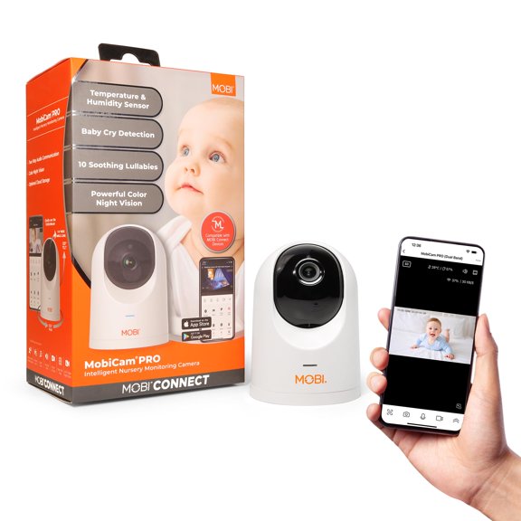 MOBI Cam PRO – Moniteur intelligent pour bébé HD, panoramique et inclinaison, vision nocturne en couleur, suivi des mouvements, 10 berceuses, température et humidité, stockage infonuagique et carte SD