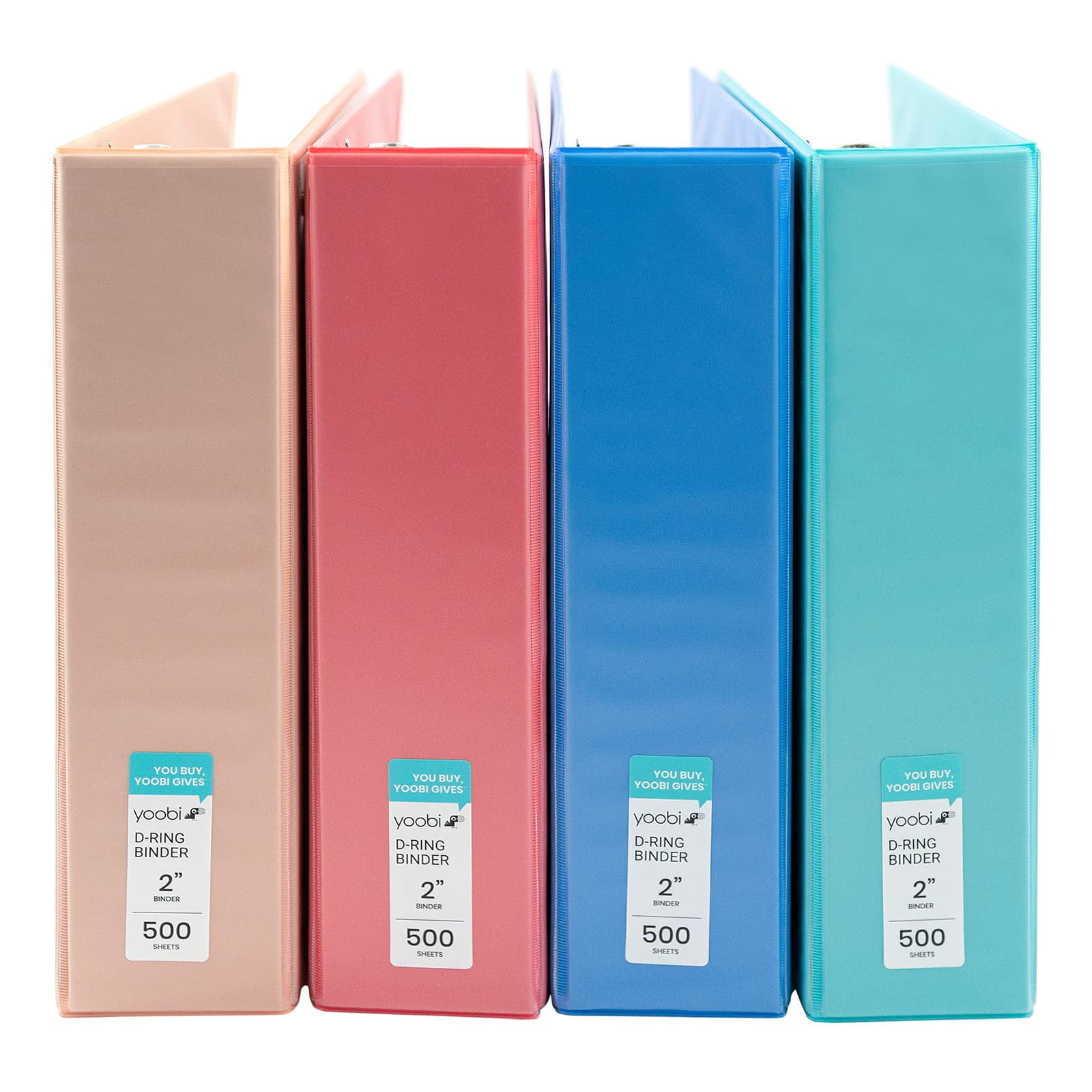 Yoobi 3 Ring Binders - 2 Inch Binder with Round D Rings and 2 Pockets Durable PVC-Free Organizer with 500 Sheets Capacity 4- Pack Colored Binders with Plastic Cover for Office Supplies