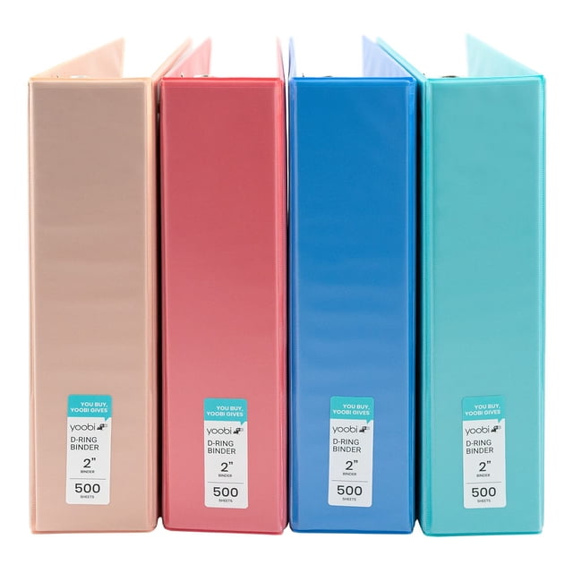 Yoobi 3 Ring Binders - 2 Inch Binder with Round D Rings and 2 Pockets Durable PVC-Free Organizer with 500 Sheets Capacity 4- Pack Colored Binders with Plastic Cover for Office Supplies
