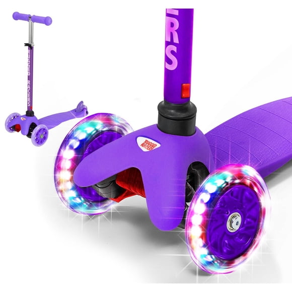 Rugged Racer Mini Deluxe 3 Wheel Kick Scooter with Led and Adjustable Height with Purple Design