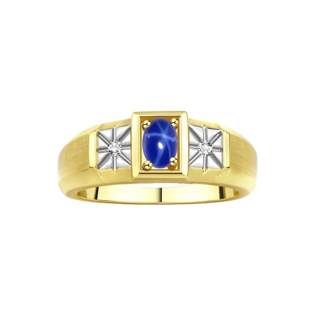 RYLOS Men's Rings Yellow Gold Plated Silver Classic 6X4MM Oval Gemstone & Diamond Ring Blue Star Sapphire Birthstone Rings For Men, Silver Rings, Size 13