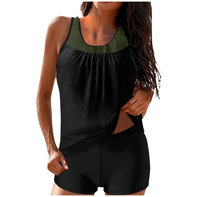 RKSTN Tankini Swimsuits for Women Summer Fashion Solid ColorConservative Two Piece Set Bathing Suits with Boyshorts Loose Plus Size Round Neck Sleeveless Pleated Swimsuits