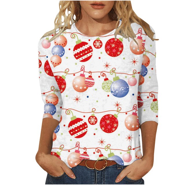 Pisexur Chandails de Noël pour Femmes Chandails à Manches 3/4 pour Femmes Chandails à Col Rond Graphiques Amusants Chandails à Capuchon Décontractés pour les Fêtes de Noël Confort Amples Mode d'Automne Chandails à Enfiler