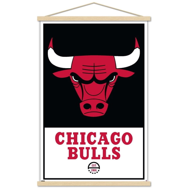 NBA Chicago Bulls - Logo 21 Wall Poster, 22.375" x 34" framed, displaying a centered red bull head with white horns on a black background above red 'CHICAGO BULLS' text and a circular 'EST. 1966' emblem on a white panel, suitable for home, office, or dorm wall decor.