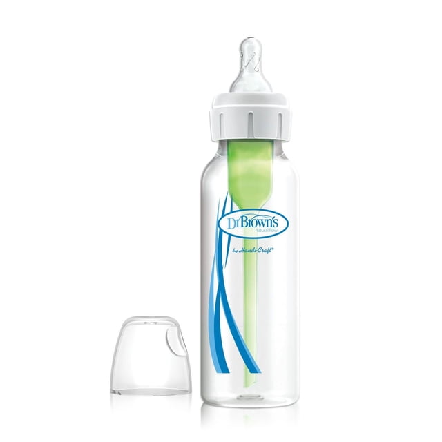 Dr. Brown's Biberon pour Bébé Étroit à Débit Naturel Anti-Coliques Options+, 8oz/250mL, avec Tétine à Débit Lent Niveau 1, Lot de 1, 0m+ Montré Vertical avec Bouchon Clair à Côté, avec une Biberon transparent avec logo Bleu et Système d'Évent Interne Vert pour Réduire les Coliques et Préserver les Nutriments pour une Alimentation Confortable.