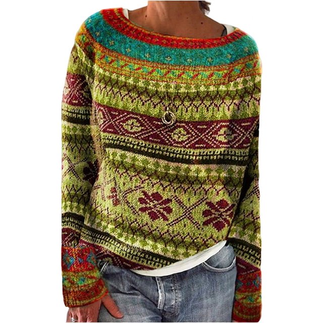 MesaSe Chandail à Imprimé Fair Isle pour Femmes, Style Vintage Aztèque, Imprimé Paysage de Montagne, Col Rond, Tricoté